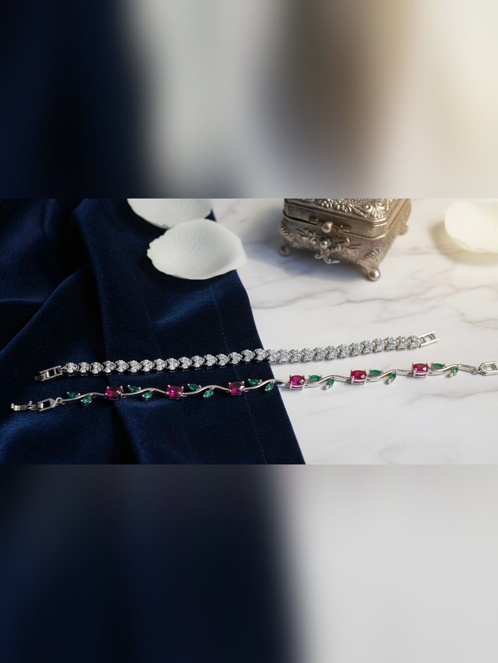 Elegant Rose Red & Green Gemstone Tennis Bracelet And Heart Tennis Bracelet SET